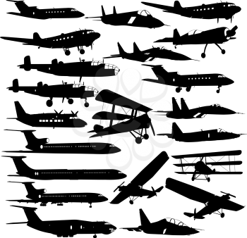 Set of silhouettes of planes from different eras on a white background.