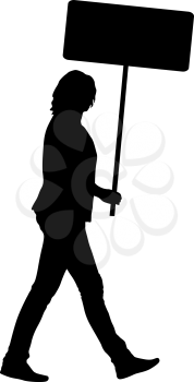 Black silhouettes of woman with banner on white background.