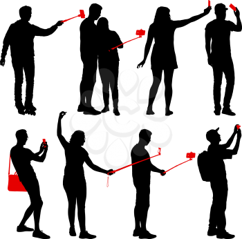 Set silhouettes man and woman taking selfie with smartphone on white background.