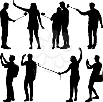 Set silhouettes man and woman taking selfie with smartphone on white background.
