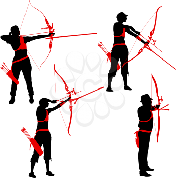 Set silhouette attractive female and male archer bending a bow and aiming in the target.