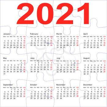 Calendar for 2021, jigsaw puzzle texture background.