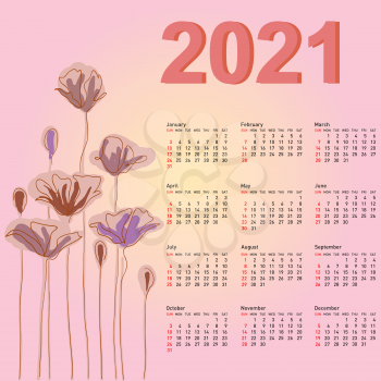 Stylish calendar with flowers for 2021. Week starts on Sunday