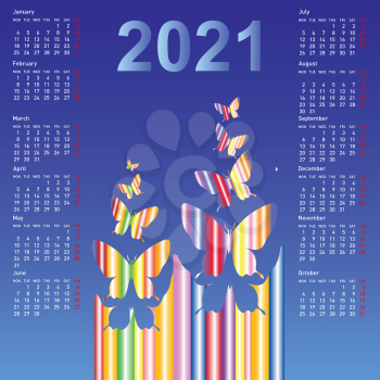 Stylish calendar with butterflies for 2021. Week starts on Sunday.