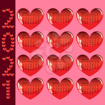 Stylish calendar with red hearts for 2021.