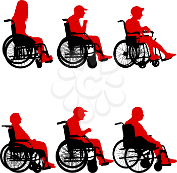 Silhouettes disabled in a wheel chair on a white background.