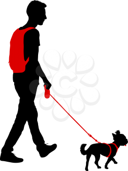 Silhouette of man and dog on a white background.