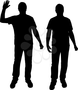 Black silhouette men standing, people on white background.