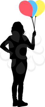 Silhouette of a girl with balloons in hand on a white background.