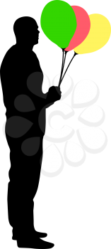 Silhouette of a men with balloons in hand on a white background.