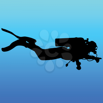 Black silhouette scuba divers on blue background.