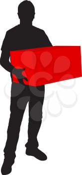 Silhouette of deliveryman carrying a box on white background.