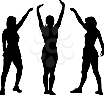 Black silhouettes women with arm raised on a white background.