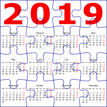 Calendar for 2019, jigsaw puzzle texture background.