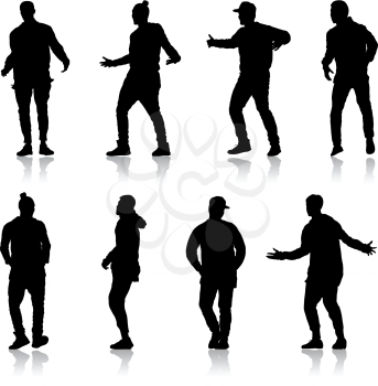 Set Black silhouette man standing, people on white background.