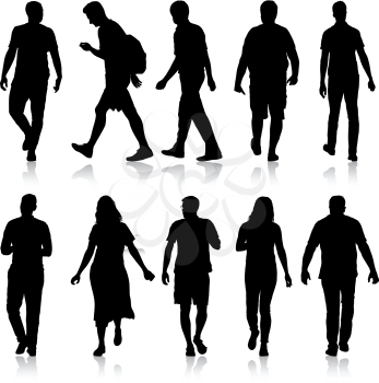 Set Black silhouette man and woman standing, people on white background.