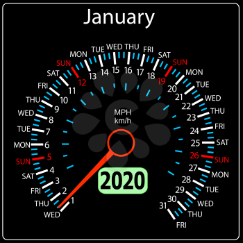 The 2020 year calendar speedometer a car January.