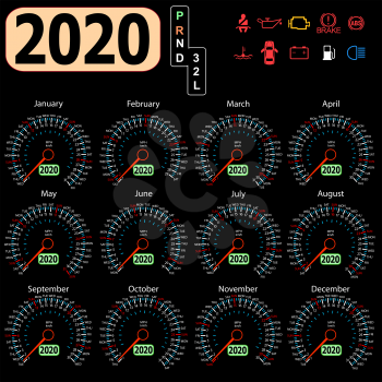 Calendar 2020 year from the car dashboard speedometer.