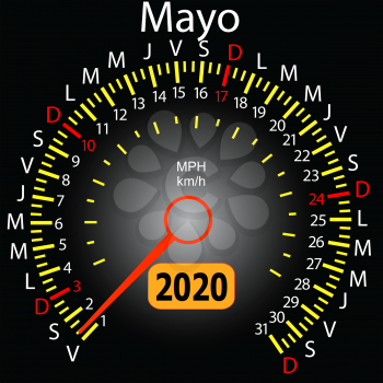2020 year calendar speedometer car in Spanish May.