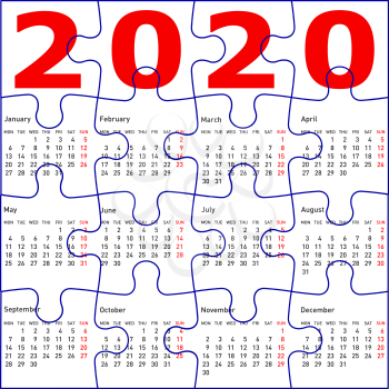 Calendar for 2020, jigsaw puzzle texture background.