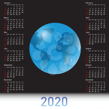 Calendar 2020 with a globe on the black sky.