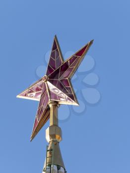 MOSCOW , RUSSIA, June 10, 2019: Ruby star on the spire of the Spasskaya Tower of the Moscow Kremlin on June 10, 2019 in Moscow, Russia.