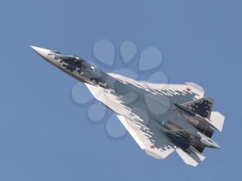 Moscow Russia Zhukovsky Airfield 31 August 2019: Demonstration of the latest Russian SU-57 fighterof the international aerospace salon MAKS-2019.