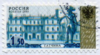Saint Petersburg, Russia - CIRCA 2003: A Postage stamp issued in Russian Federation with the image of the Gatchinsky Palace, circa 2003.