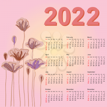 Stylish calendar with flowers for 2022. Week starts on Sunday.