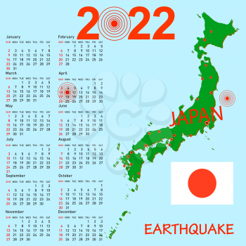 Calendar Japan map with danger on an atomic power station for 2022.