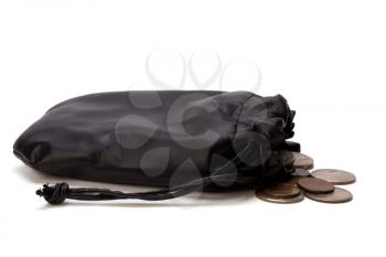 Money in leather  bag isolated on white  background