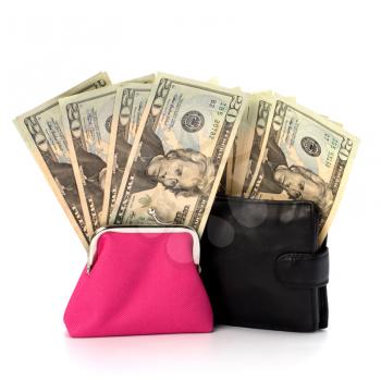 Money in leather  purse isolated on white  background