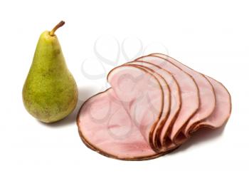 singlde pear and smoked meat slices isolated on the white background