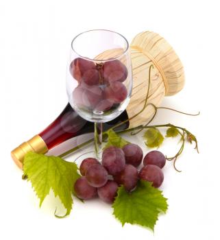 red wine bottle and glass full with grapes  isolated on white background