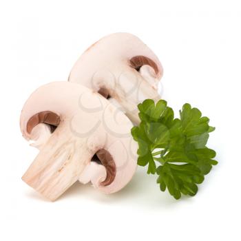 Champignon mushroom and fresh parsley isolated on white background