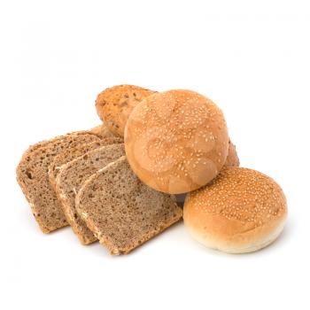 Bread loafs and buns variety isolated on white background
