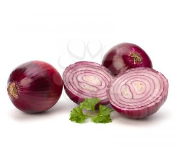 Red sliced onion and fresh parsley still life isolated on white background