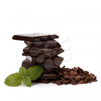 Chocolate bars stack and mint leaf isolated on white background