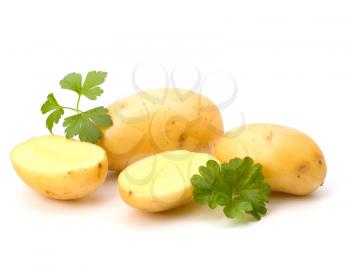 New potato and green parsley isolated on white background close up