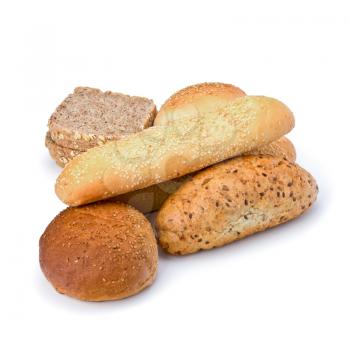 Bread loafs and buns variety isolated on white background