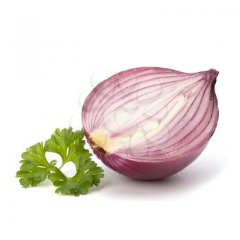 Red sliced onion half and fresh parsley still life isolated on white background