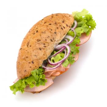 Big appetizing  fast food baguette sandwich with lettuce, tomato, smoked ham and cheese isolated on white background. Junk food subway.