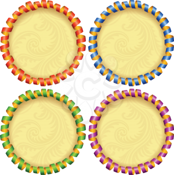 Vector holiday circle frame set. Red, blue, green and purple streamer.