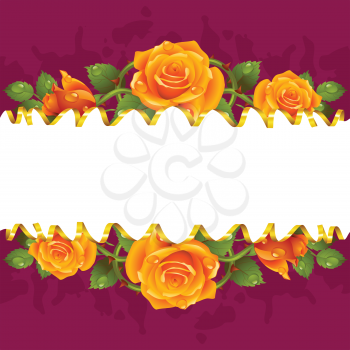 Vector horizontal frame whith yellow roses and golden ribbon