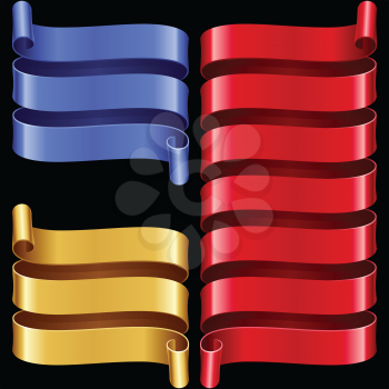 Vector ribbon frames set. Blue, yellow and red banners isolated on black background
