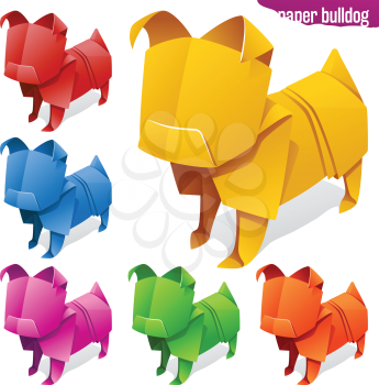 Vector origami paper dogs. Yellow, red, orage, blue, green and pink bulldog or pug icons isolated on white background. Concept of natural pet food or Chinese New Year symbol