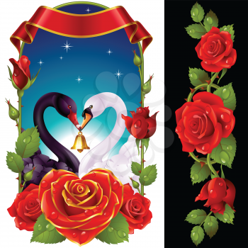 Vector Set of Floral Decoration. Red Roses, Couple Swans, Ribbon and Dawn Background. One of Flowers in Heart Shape with Golden Border. Valentines Day Card or Wedding Invitation Isolated on Background