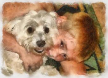 Royalty Free Photo of a Painting of a Boy Cuddling His Dog