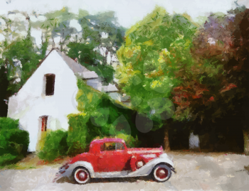 Vector Buick 1934 Sports Coupe parked in front of farm house Oil painted