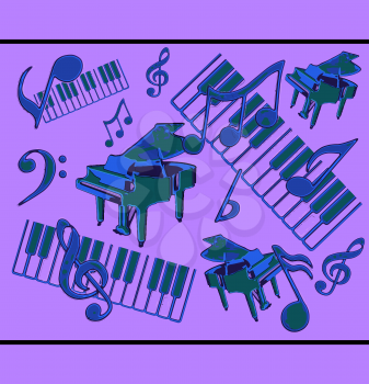 Abstract Display of Piano Musical Concert with Notes and Striking Blue and Purple